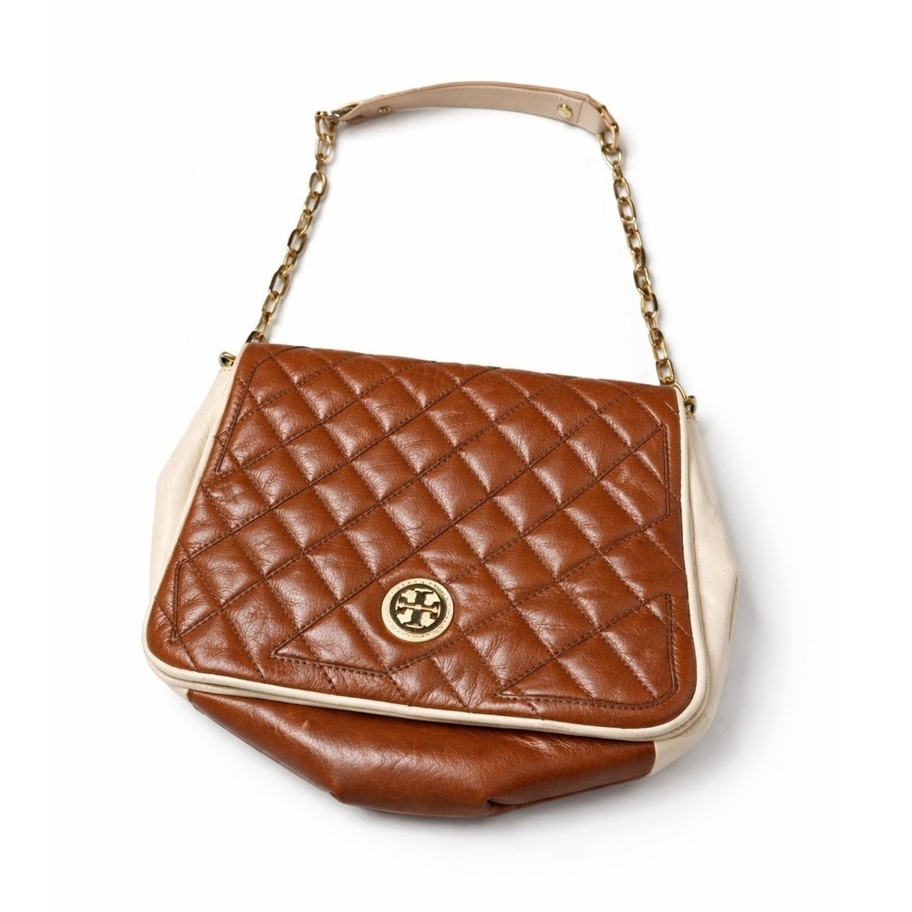 Tory Burch Marion Quilted Brown Leather Shoulder Bag Gold Chain Logo Medallion